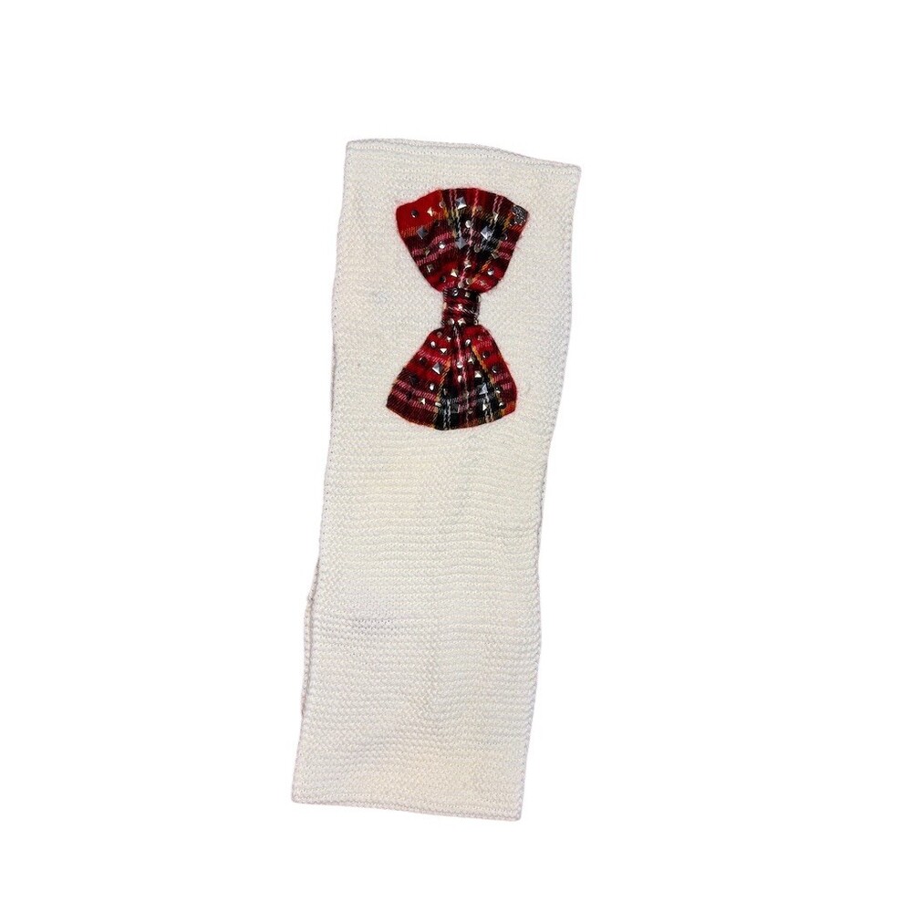 Betsey Johnson Infinity Scarf Womens One Size Ivory Knit Plaid Studded Bow